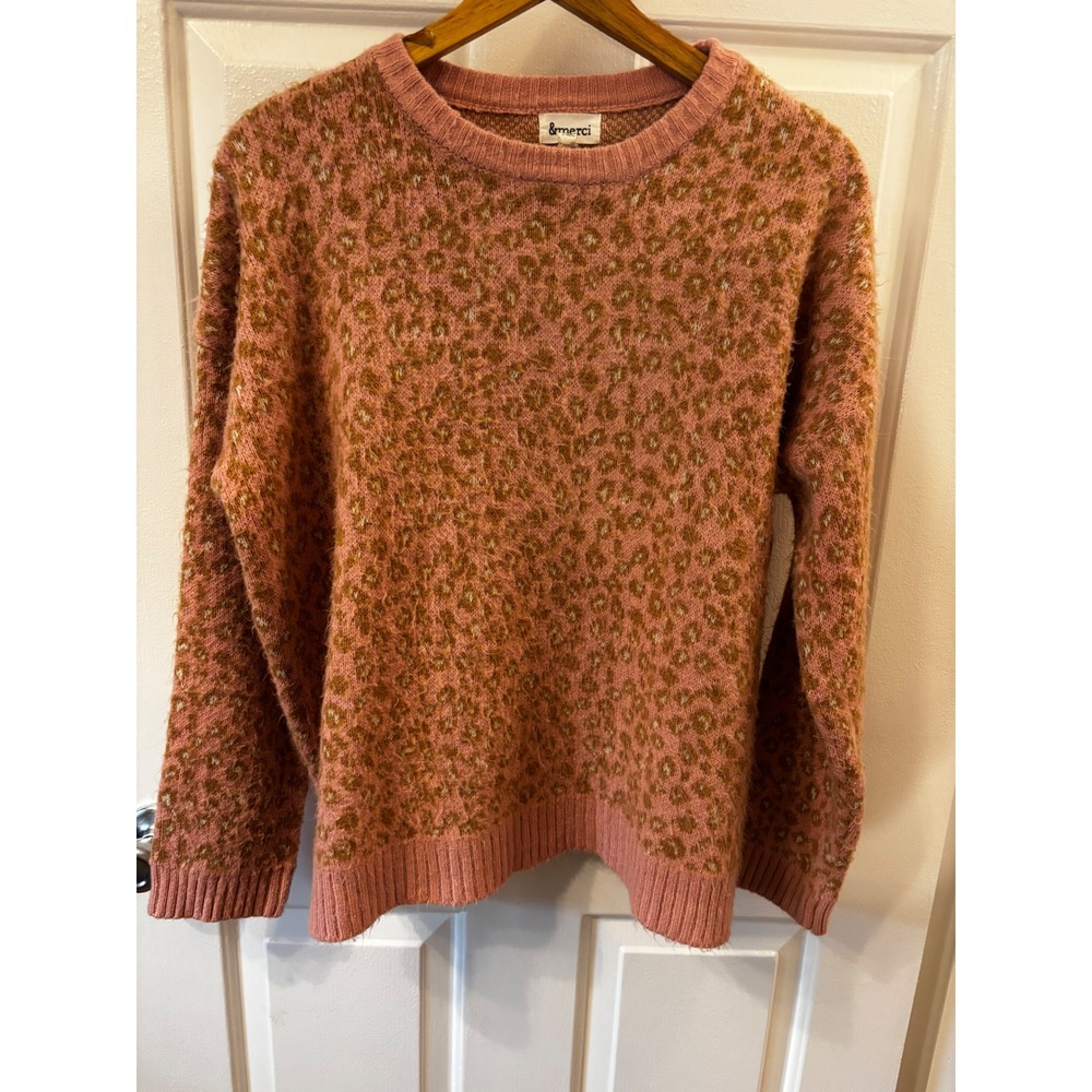 &merci Pink Leopard Print Fuzzy Trending Knit Crewneck Sweater WomensSize M
